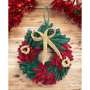 Vintage Straw Wreath Christmas Tree Ornament with Bow Country Rustic Red Green